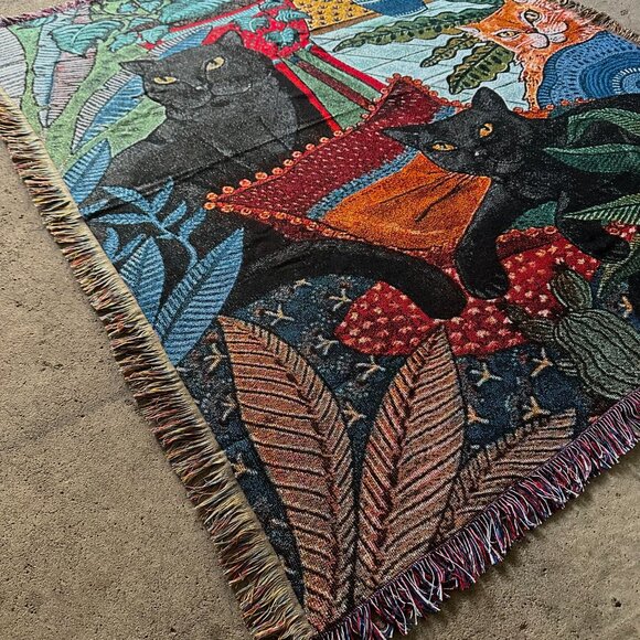 Botanical Cat Woven Tapestry Blanket – Vintage Jungle Home Decor (50x60”) - Picture 5 of 6